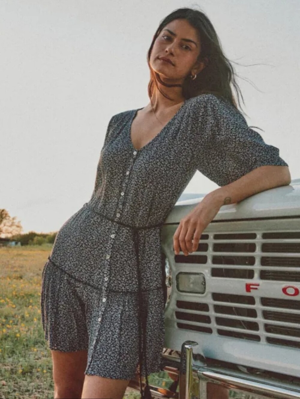 Faherty Navy Floral Button-Front Dress with Tie Waist